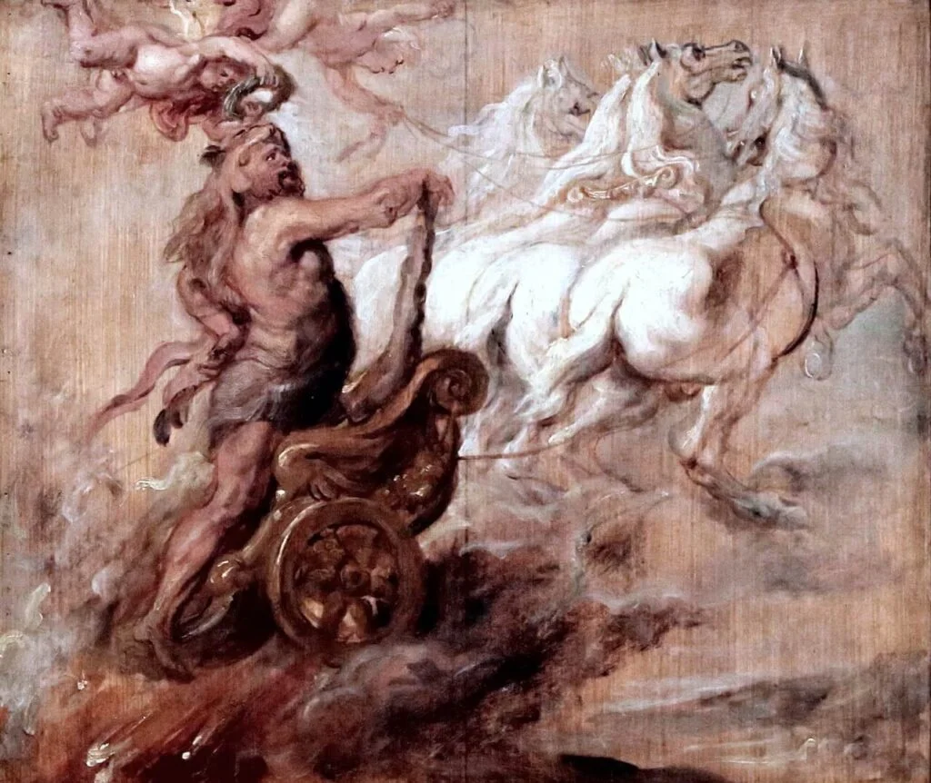 An artwork depicting the ascension of Heracles to Mount Olympus.