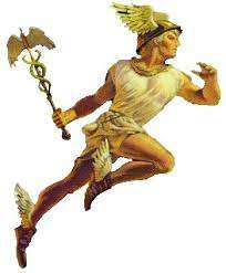 Hermes with his winged sandals and caduceus.