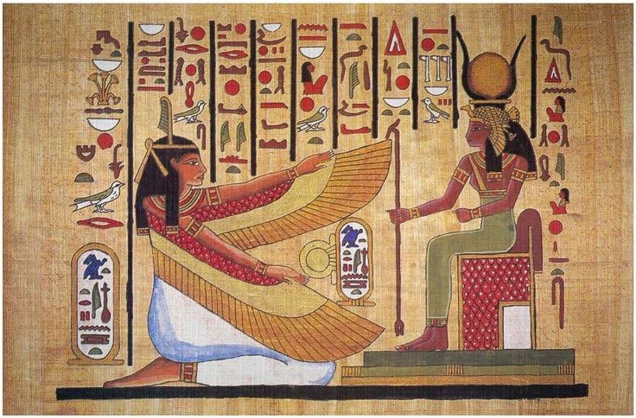 Ancient Egyptian wall paintings or hieroglyphs showcasing the story of Isis, Osiris, and baby Horus.