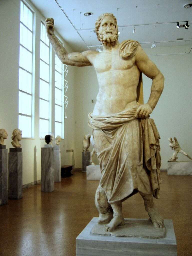 An ancient Greek statue or depiction of Poseidon.