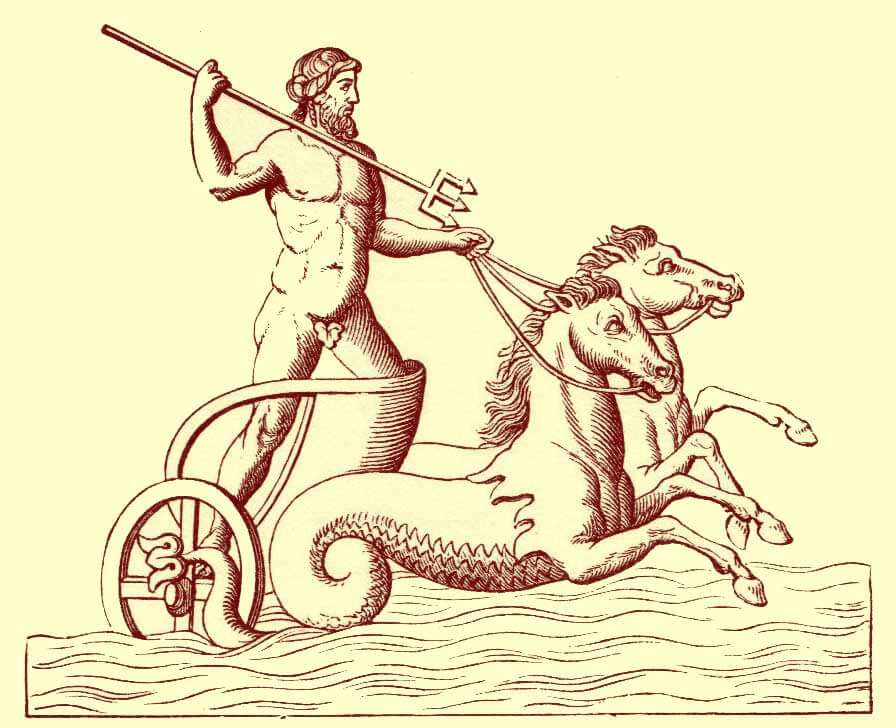 Artworks or symbols representing the bull, dolphin, and fish associated with Poseidon.