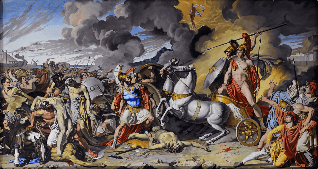 An artistic representation of Achilles in battle.
