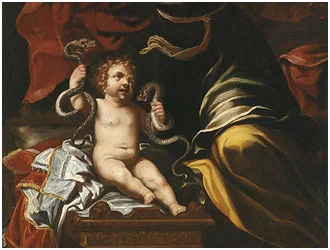 A depiction of young Heracles showcasing early signs of his remarkable strength.