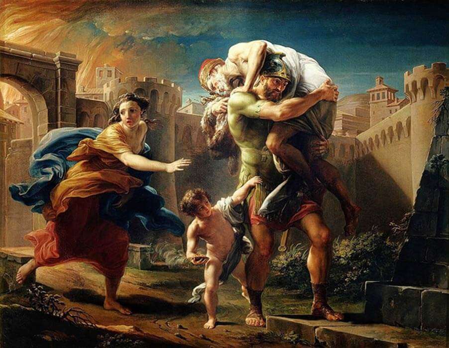 A classic painting or artifact illustration of Aeneas in battle