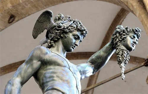 A dramatic depiction of the confrontation between Perseus and Medusa.
