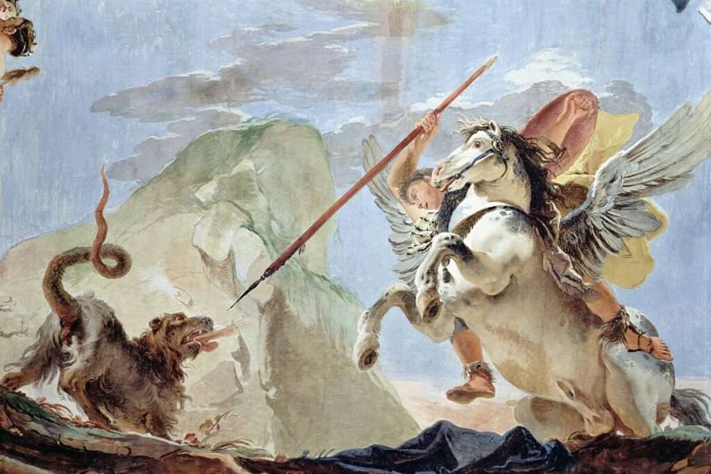 Imagery of Bellerophon fighting the Chimera 
