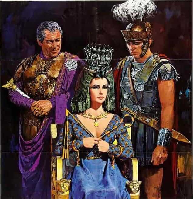 Depictions of Cleopatra with Julius Caesar or Mark Antony, showcasing her significant alliances.