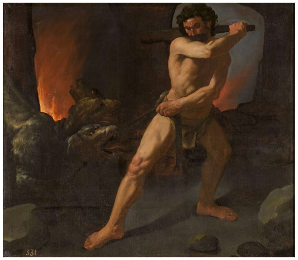A painting or sculpture of Hercules performing one of his labors