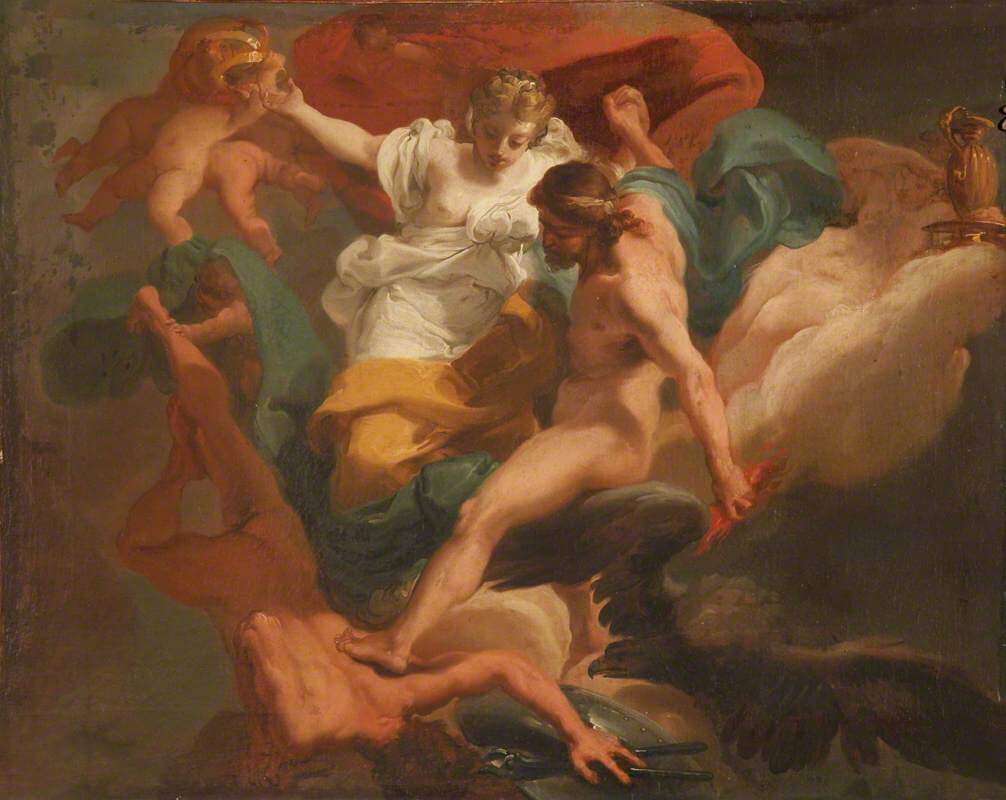 An illustration or sculpture showing Hephaestus interacting with mortals