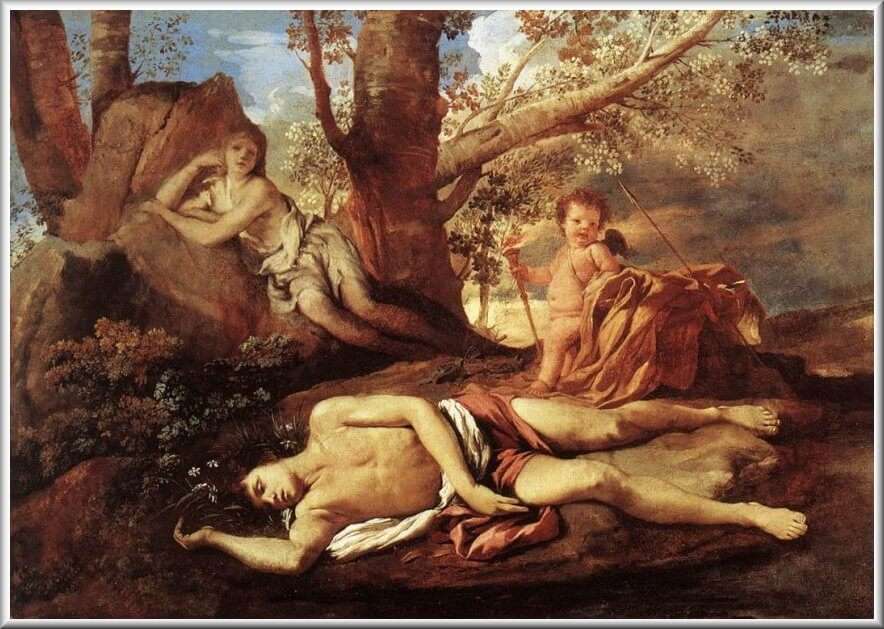 Artistic depictions of the stories of Nemesis with Narcissus and Echo.