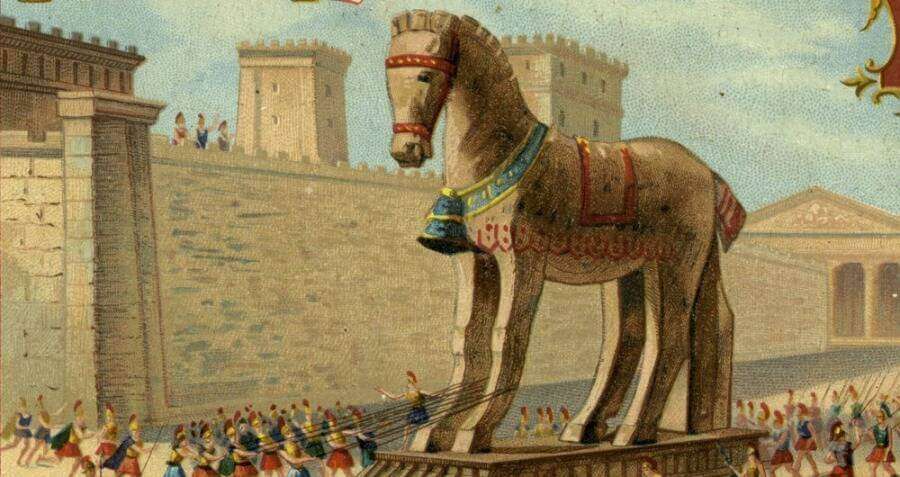 A classic artwork or illustration of the Trojan Horse.