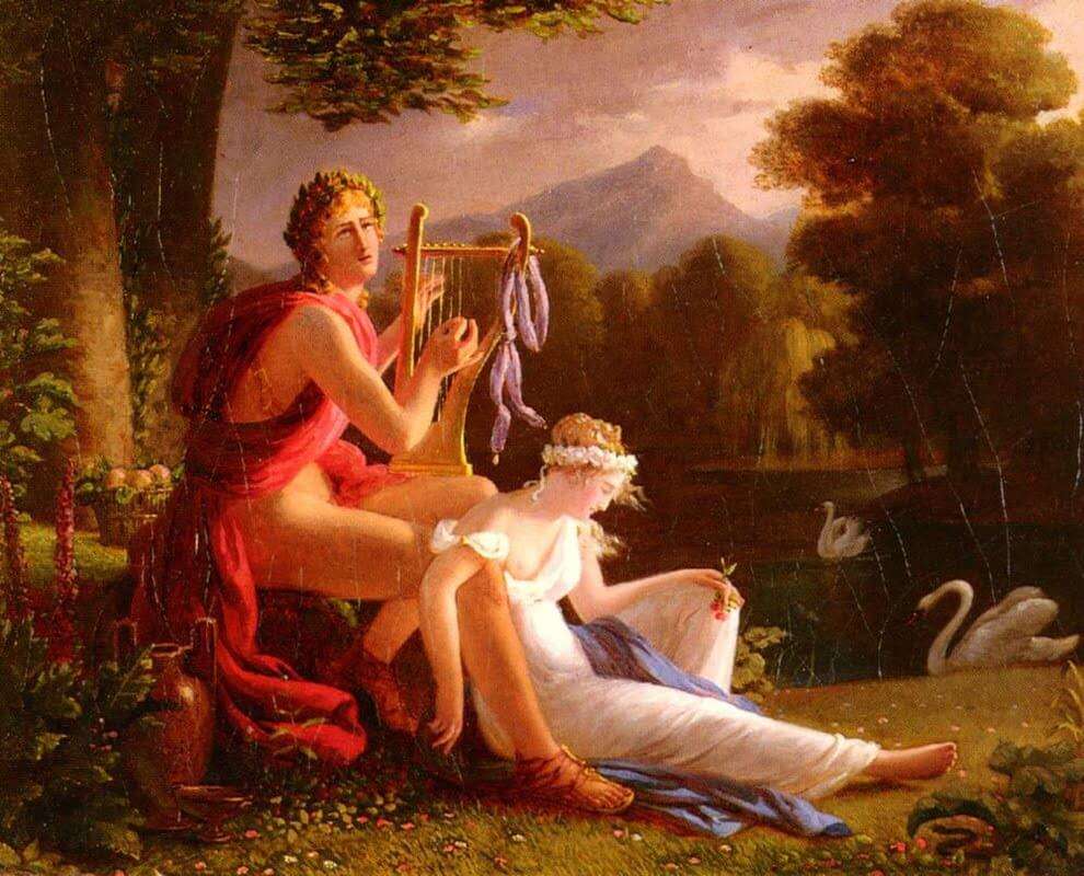 A romantic and evocative painting or image that portrays the love between Orpheus and Eurydice.