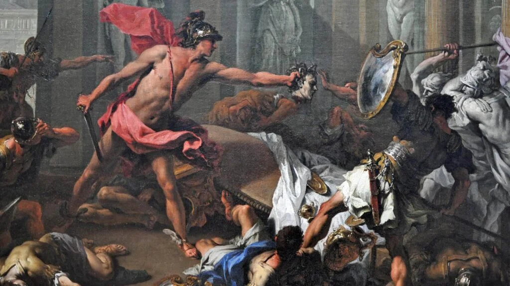 An ancient or classic painting illustrating Perseus equipped with divine weapons.
