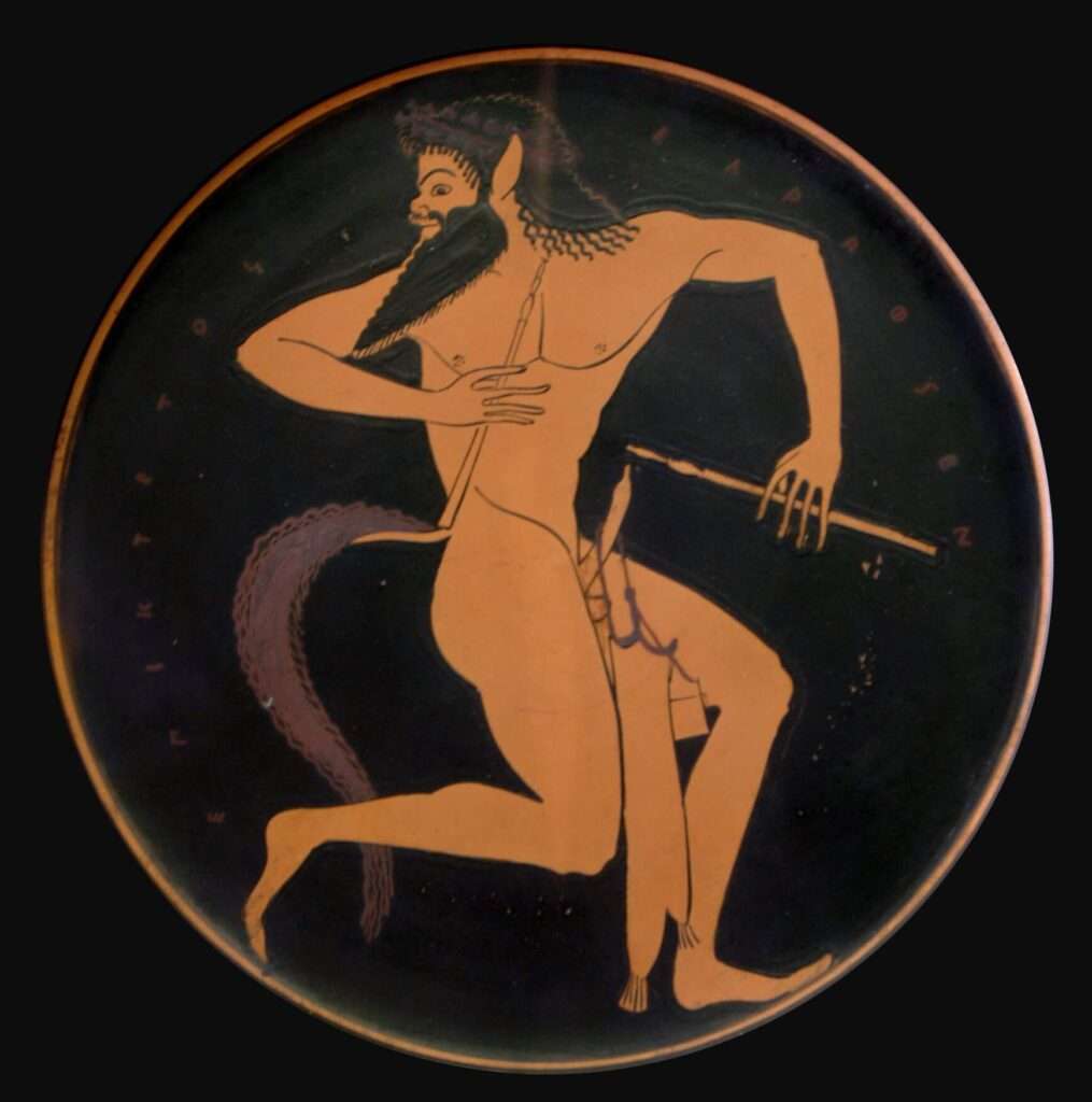 An artistic representation of a Satyr in a natural setting.