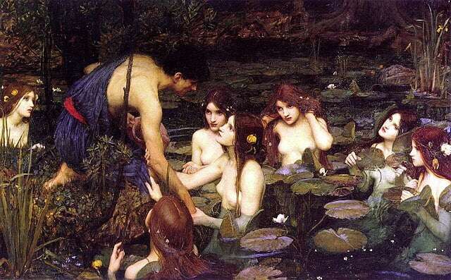 Classical art depicting nymphs in natural settings.