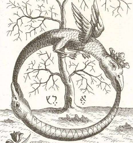  images of artworks and texts featuring the Ouroboros.