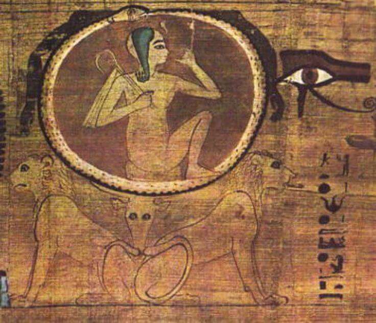  Images of ancient Egyptian artifacts or wall paintings featuring the Ouroboros.