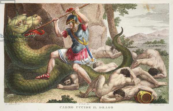 A depiction of Cadmus slaying the dragon or sowing the dragon's teeth.