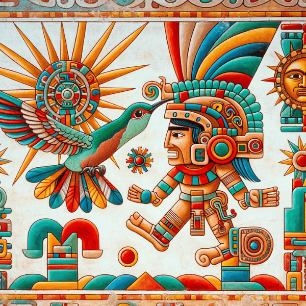 An artistic rendering of an Aztec mural portraying Huitzilopochtli