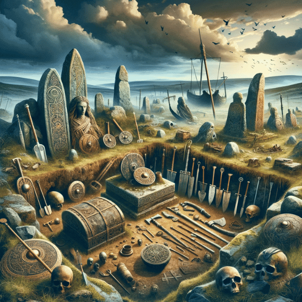 An artistic representation of an ancient Norse archaeological site