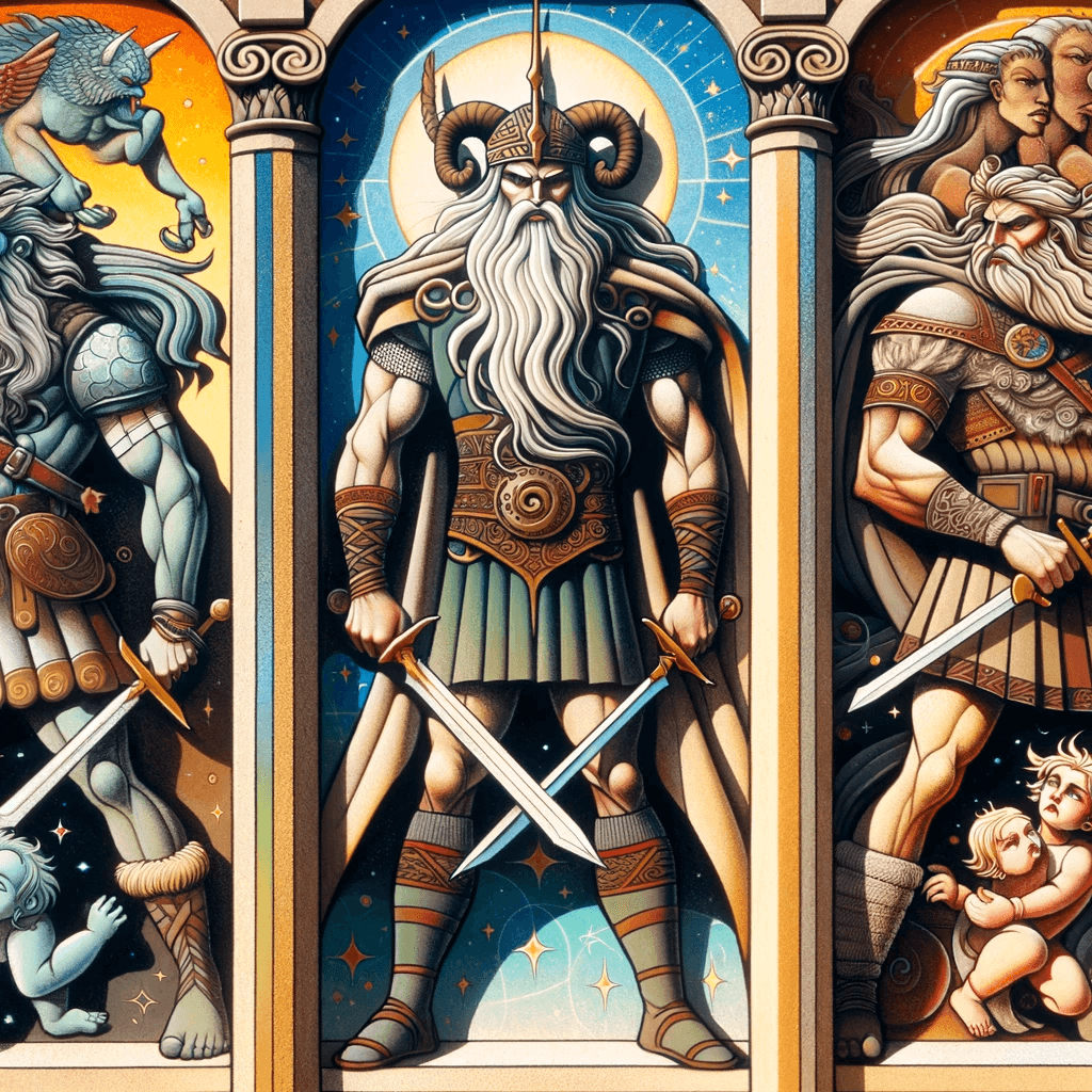 Artwork depicting Heimdall alongside other mythological guardians