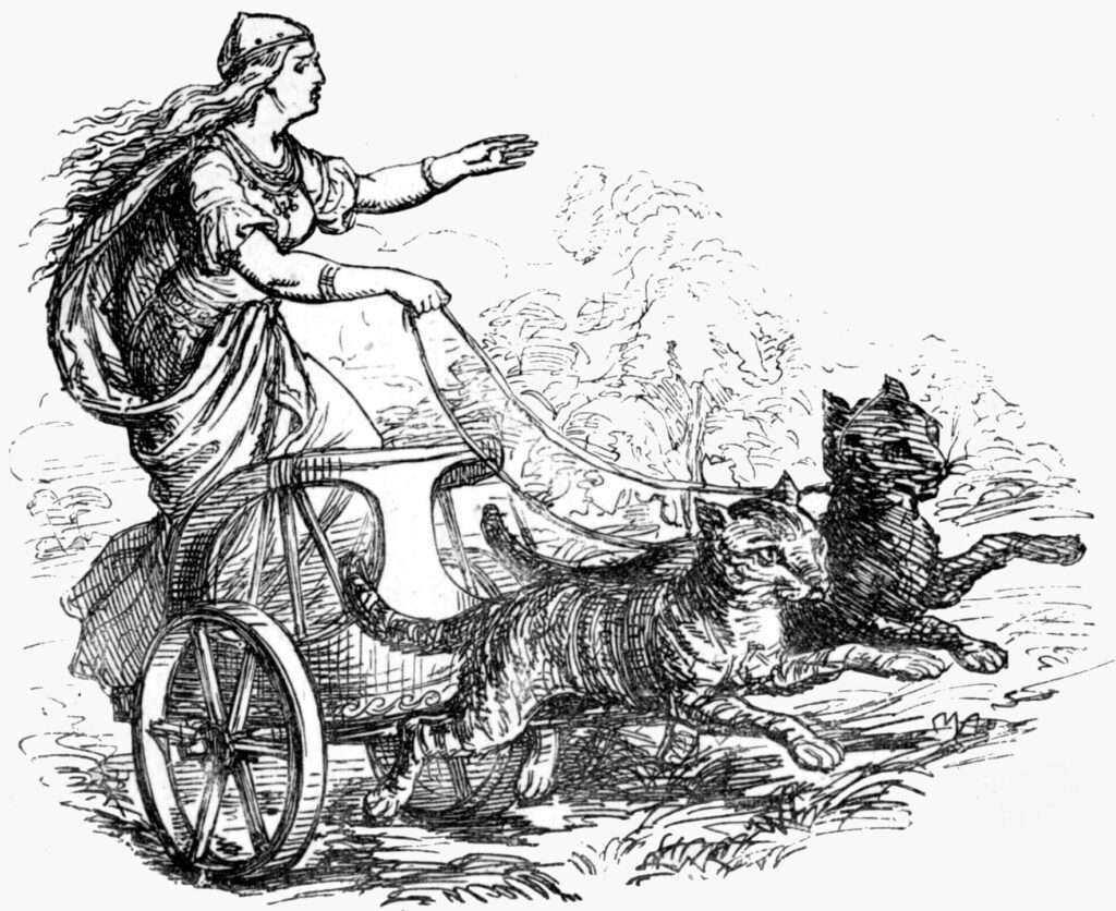 Depictions of Freyja in her chariot drawn by cats 