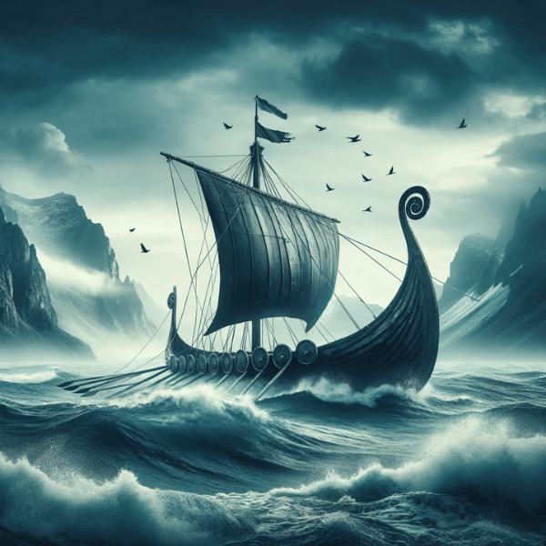 A Viking ship braving the rough seas