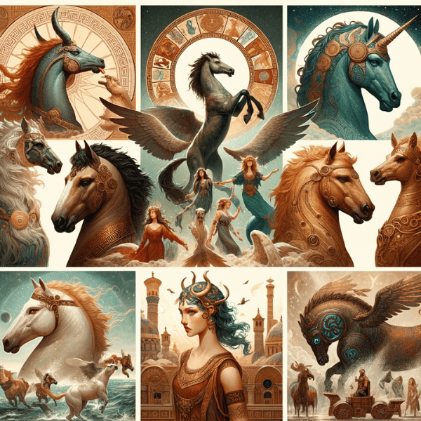 A collage illustrating Epona alongside other horse deities