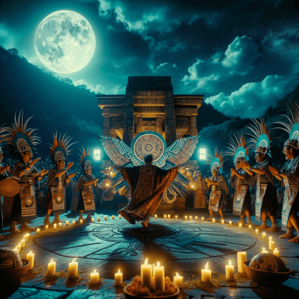 A vibrant Aztec ritual ceremony in honor of Metztli