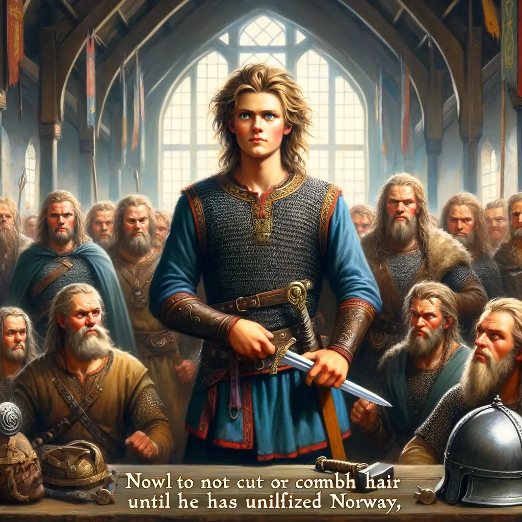 Harald Fairhair, making his vow to not cut or comb his hair until he has unified Norway